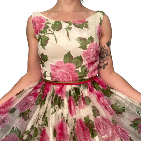 1950s Pink Floral Fit and Flare Cocktail Dress - Picture 4 of 10